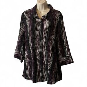Essentials Black & Purple Plisse Pleated Button Down Blouse, Women's Size 18/20W